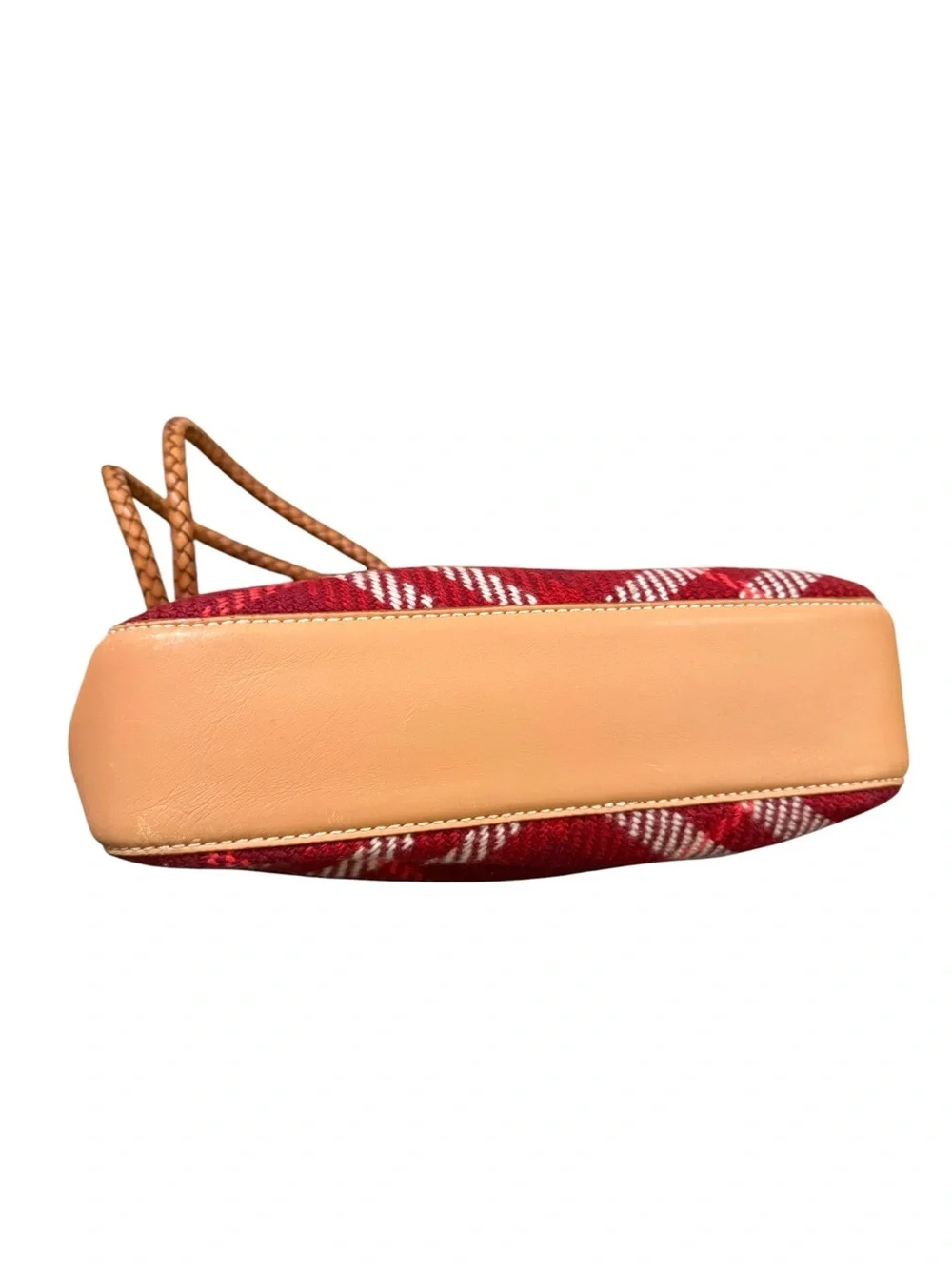 Vintage Burberry Red Plaid Wool Shoulder Bag Braided Leather Strap Nova Check - Picture 3 of 10